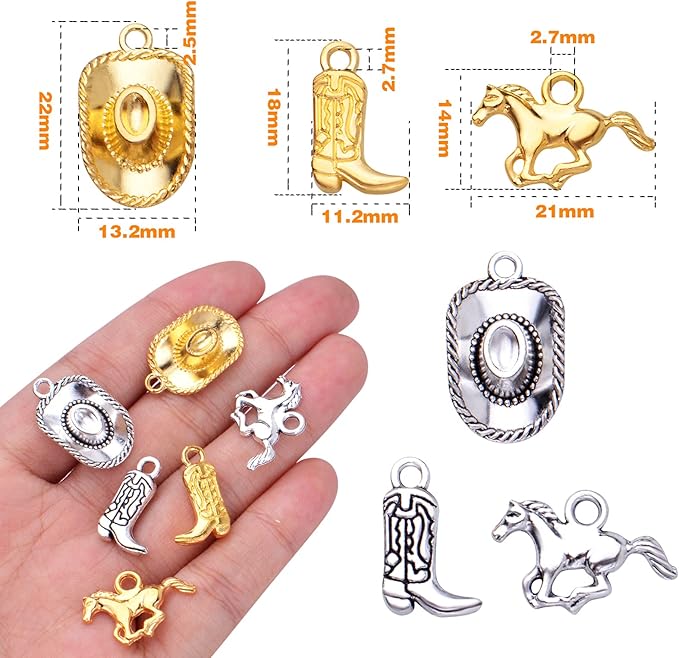 60pcs 3 Styles Western Cowboy Charms Tibetan Alloy Horse Hat Pendants Vintage Cowboy Boot Charms Crafts Supplies for DIY Bracelet Necklace Jewelry Making, Antique Silver, Antique Gold