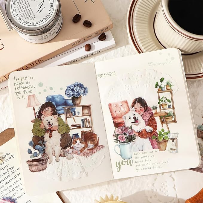 Journal Sticker Book for Journaling and Scrapbooking, Women Pet Coffee Time Theme, 20 Sheets 3.9x5.9 inches, Precut Clear PET Stickers for Junk Journal Supplies, Collage, Scrap Booking