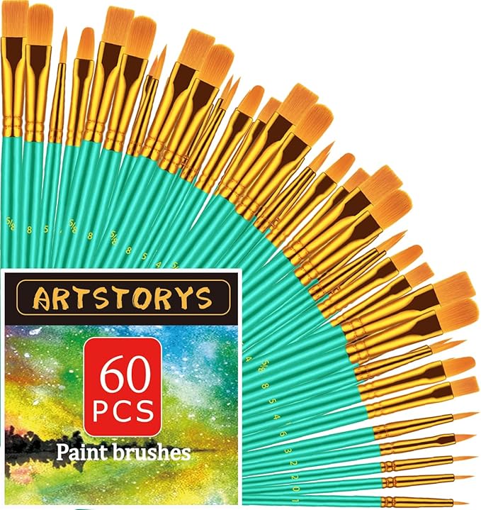 Paint Brushes Set, 60 Pcs Paint Brushes for Acrylic Painting, Oil Watercolor Acrylic Paint Brush, Artist Paintbrushes for Body Face Rock Canvas, Adult Drawing Arts Crafts Supplies, Green