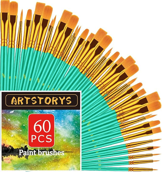 Paint Brushes Set, 60 Pcs Paint Brushes for Acrylic Painting, Oil Watercolor Acrylic Paint Brush, Artist Paintbrushes for Body Face Rock Canvas, Adult Drawing Arts Crafts Supplies, Green