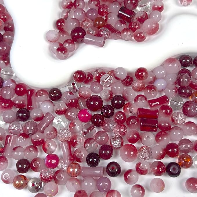 300pcs Glass Beads Red, 8mm Assorted Crystal Bead for Jewelry Making, Round Spacer Loose Beads Kit for DIY Charms Bracelets Necklaces Earrings