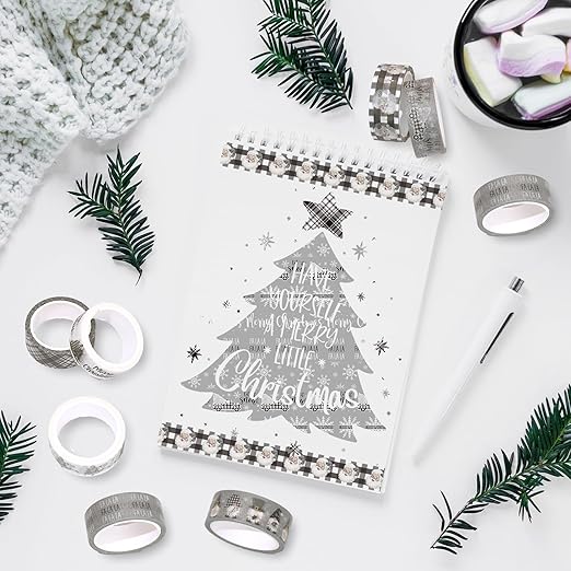 Whaline 12 Rolls Christmas Washi Tape Grey Farmhouse Washi Tape Assorted Xmas Masking Decorative Party Gift Paper Tape for DIY Craft Scrapbook Decor Party Favor Supplies