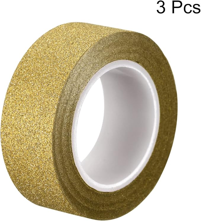 MECCANIXITY 0.6inch x 32.8ft Glitter Tape, Decorative Craft Tape Self Adhesive Stick 1.5cmx10m Gold Tone for Scrapbook, DIY Arts, Gift Wrapping Pack of 3