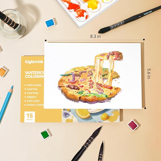 Lightwish Watercolor Coloring Book for Adults & Beginners,100% Cotton 300gsm/140lb Acid-Free Cold Press Paper, 8.3 x 5.6 Inches,15 Sheets,Food-Themed