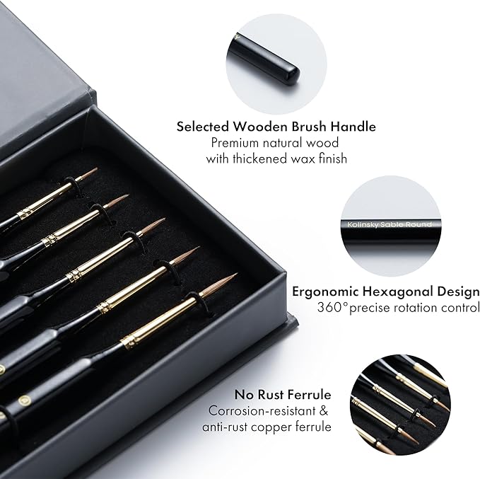 Artify Detail Paint Brushes, 100% Kolinsky Sable Micro Paint Brushes - Master Series, Ultra Fine Tips Paint Brush Set, High Precision for Models/Crafts, Detailing for Watercolor, Gouache & Ink(Black)