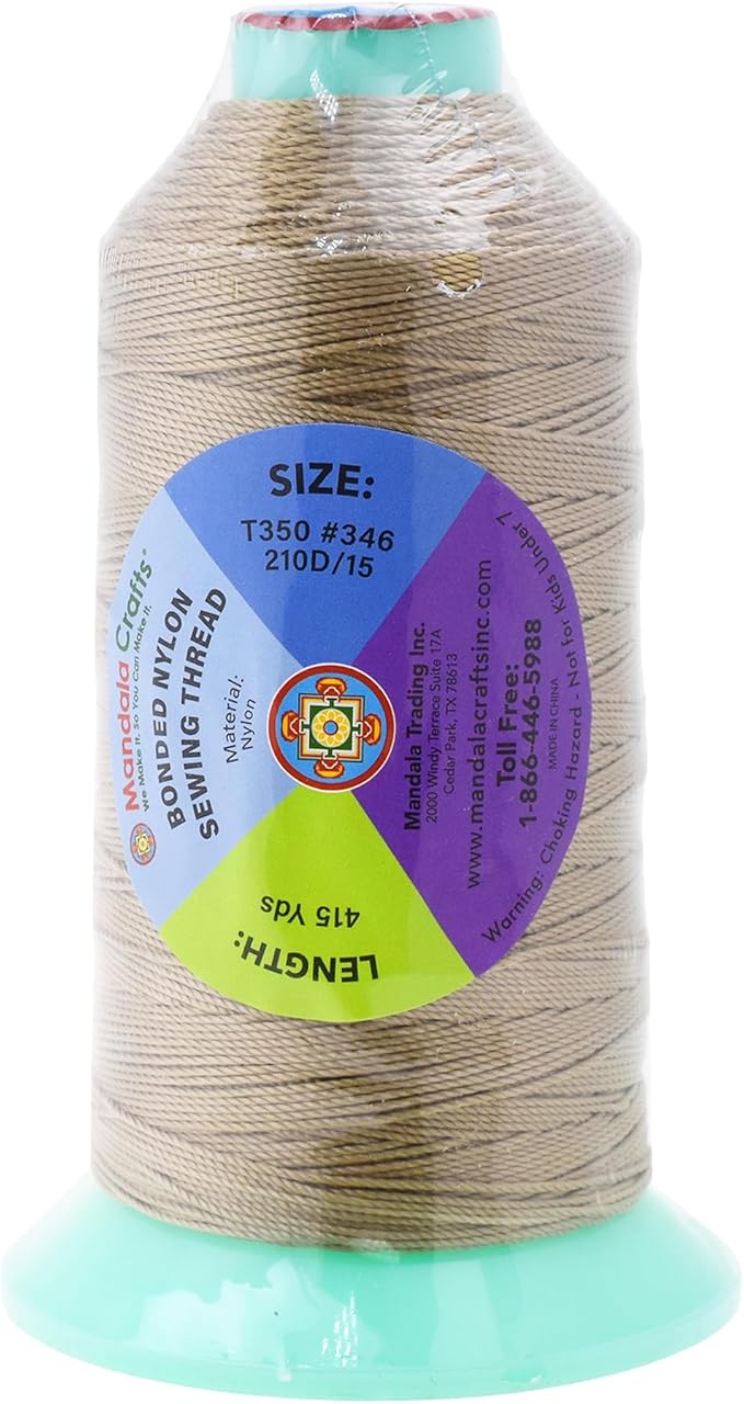 Mandala Crafts Size 346 210D T350 Bonded Nylon Thread - Khaki 415 YDs Tex 350 Heavy Duty Sewing Threads for Leather, Jeans, Weaving, Outdoor Marine Upholstery