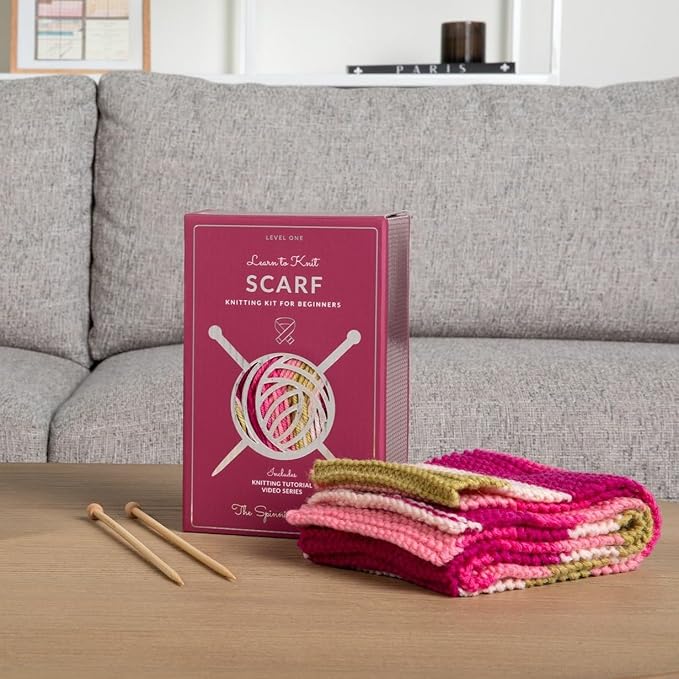The Spinning Hand Knitting Kit for Beginners Adults – Learn to Knit Scarf Kit with Yarn, Needles & Step-by-Step Video Tutorials – Complete Starter Set (Dragonfruit)