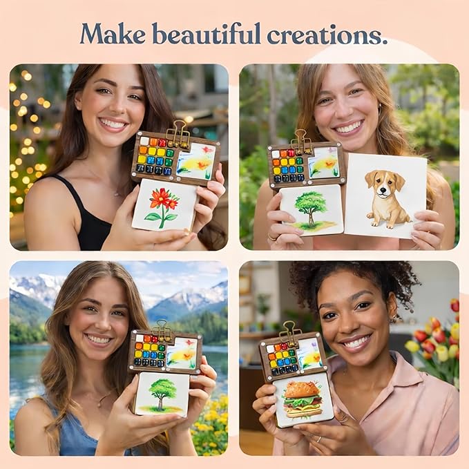 fsdyknej Mini Watercolor Travel Paint Set, Walnut Wood 15-Color Compact Travel Art Kit, with Paint Brushes, Water Brush, Watercolor Cards, Unique Creative Gift for Birthdays, Holidays & Art Lovers