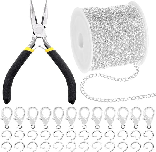 Mardatt 102Pcs Jewelry Making Kit, 10 Yards Necklace Chains with 50Pcs Open Jump Rings, 50Pcs Lobster Clasps, Chain Nose Pliers for DIY Necklace Bracelet Jewelry Making (Silver)