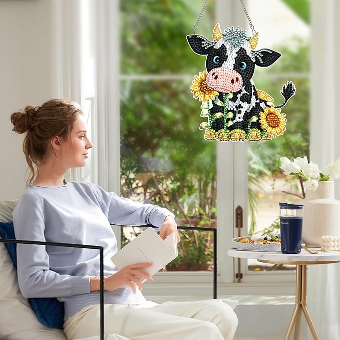 MVVMTOP Diamond Painting Kits Hanging Pendant,Cow Diamond Art Hanging Sign DIY Special Shaped Crystal Wreath Ornaments for Home Decor Gift, HGJ038