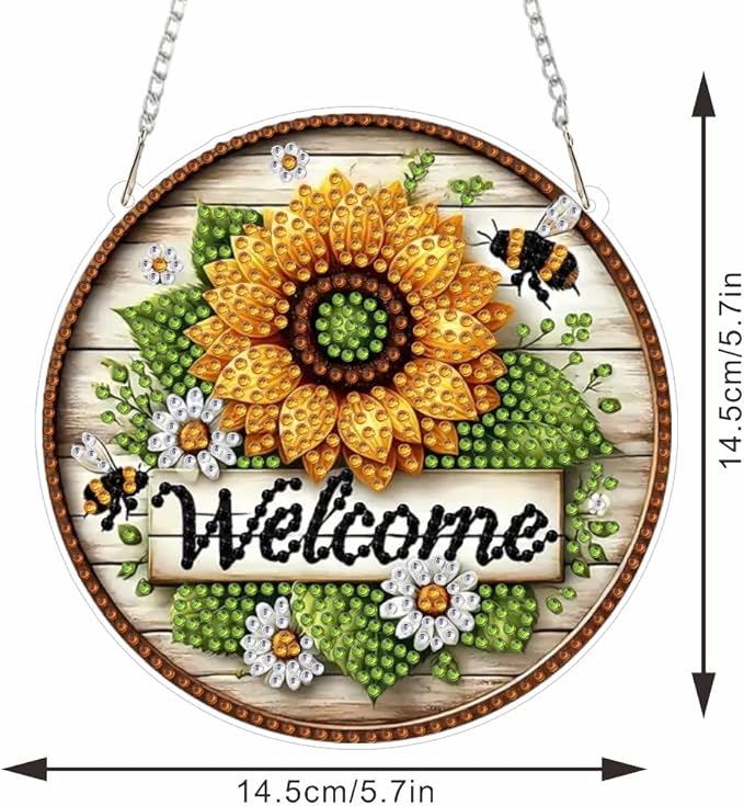 STGLCR DIY Welcome Wreath Acrylic Diamond Art Painting Kits Special Shaped Rhinestone Round Flower Bee Diamond Art Window Pendants Hanging Kits Mosaic Making Kits by Number Kits for Home Garden Wall