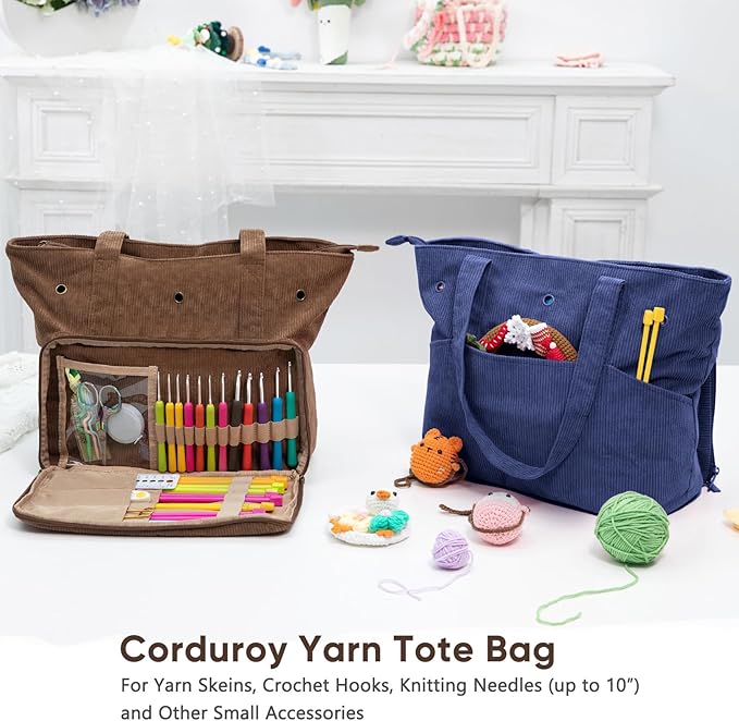 Large Yarn Tote Organizer – Corduroy Knitting Storage Holder for Yarn, Hooks & Accessories, Portable Craft Carryall for Crocheting Lovers, Mother’s Day Gift