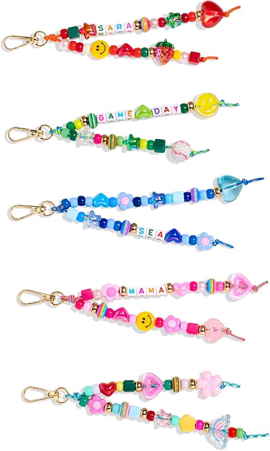 MINIMISSMIANYC DIY Keychain Making Kit for Women，Acrylic Heart Star Flower Letter Alphabet Baseball Pony Beads Phone Bag Charm Bead Kit Art Carft Jewelry Making Kit for Girls Boys Kids