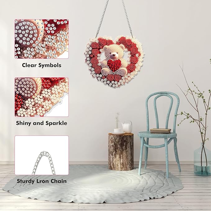 Miwixy Valentine Hanging Diamond Art Kits for Adults,Rose Bear Special Shaped Crystal Christmas Diamond Painting Ornament Kit DIY Double-Sided Pattern Window Pendant Gem Art Kit for Home Wall Decor