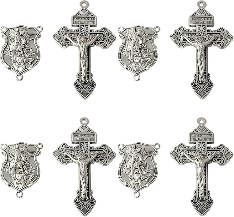 4 Sets Saint Michael Medals & Pardon Crucifix for DIY Rosary Making,Silver Religious Centerpiece Charms for Bracelets/Keychains & Catholic Craft Supplies,St Michael Rosary Making Kit