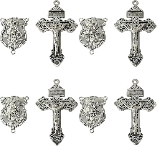 4 Sets Saint Michael Medals & Pardon Crucifix for DIY Rosary Making,Silver Religious Centerpiece Charms for Bracelets/Keychains & Catholic Craft Supplies,St Michael Rosary Making Kit