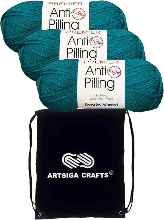 Premier Yarns Everyday Anti-Pilling Solid Peacock DN100-31 (3-Skeins - Same Dye Lot) #4 Worsted Weight Acrylic Yarn for Crocheting and Knitting with Project Bag