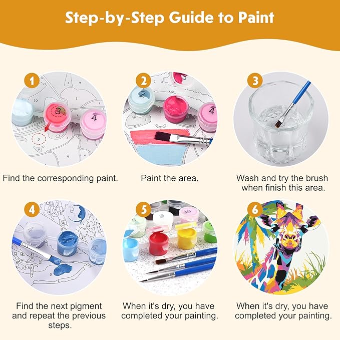 4 Pack Paint by Numbers Kit for Kids Beginner with Wooden Frame, Colorful Horse, Dinosaur, Lion, Giraffe, Paint by Numbers Kit for Adults, Rainbow Animal, Painting Kits for Home Wall Decor 8x8 inch