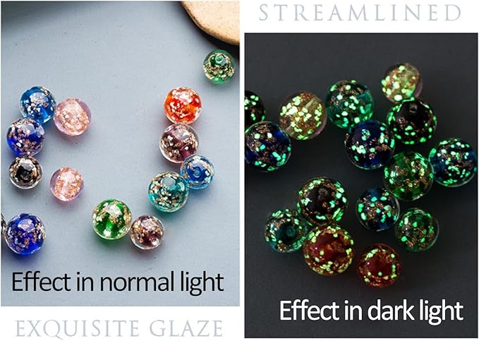 8mm 200pcs Glow in The Dark Glass Beads with Holes for Jewelry Making Bracelets Earrings Necklace Bulk Lampwork Solar Unique DIY Crafts Gold Spacer Beads Kit(100pcs Beads+100pcs Spacer)
