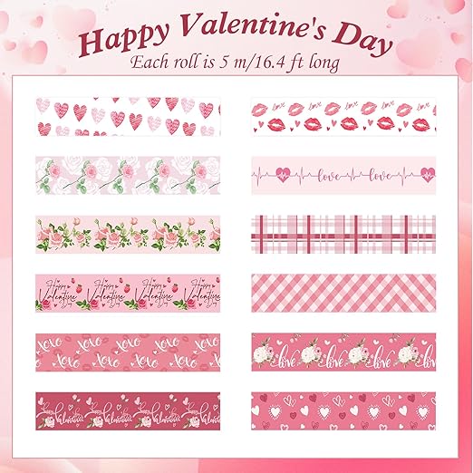 Konsait 12 Rolls Washi Tape Set Valentine Washi Tape Heart Washi Tape Stickers Valentine Decorations Valentines Day Crafts Supplies for Journaling, Scrapbooking, and Wrapping Total 196.9 ft