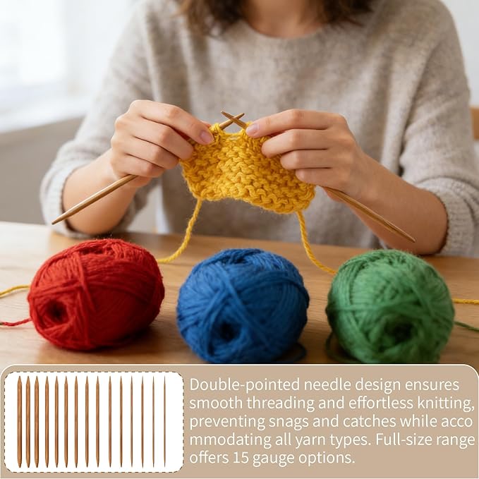 Double Knitting Needles Set - 75pcs Bamboo Pointed Knitting Needle Kit 15 Sizes 2.0-10.0mm Beginners Knitting for Making Sweater, Shawl, Scarf