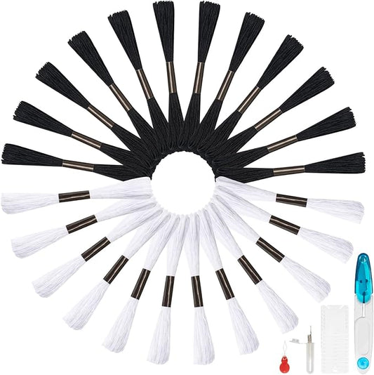 Friendship Bracelet String, 24 Skeins Black and White Cross Stitch Thread, 344.5 Inch Cotton Embroidery Floss, Hand Embroidery Thread Tools are Ideal for DIY Sewing and Embroidery Crafts Making