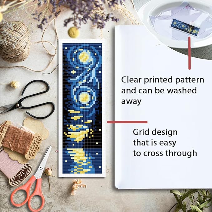 ORIGACH 6 Set Universe Starry Night Cross Stitch Bookmark Kit for Beginner with Backing Felt Floss Instructions DIY Stamped Embroidery Bookmark Kit for Adults, Book Lovers