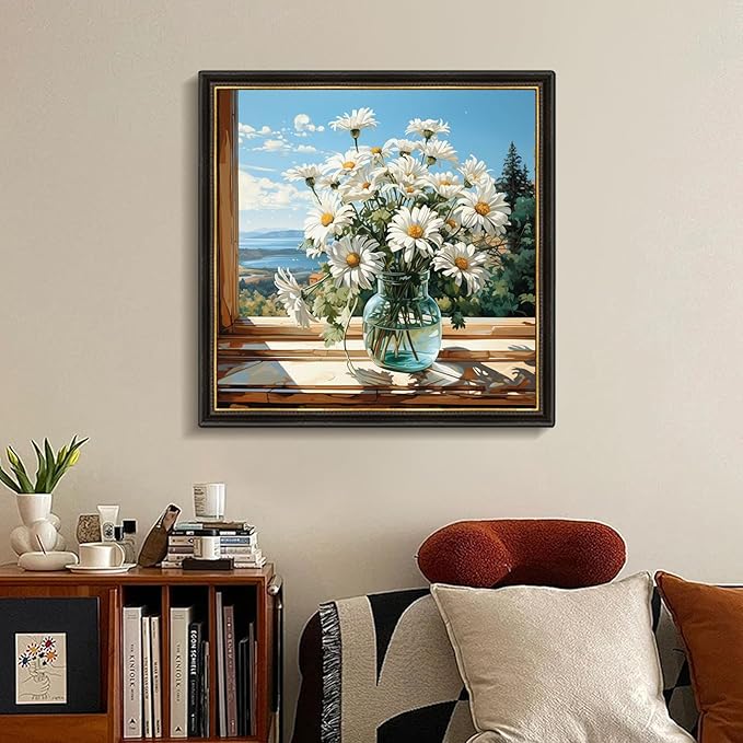 Fountor Daisy Diamond Art Kits for Adults, Flowers Landscape Diamond Painting Kits for Adults Beginners, Flower 5D Round Full Drill Gem Art Kits DIY Crafts Kits for Home Wall Decor 14x14 Inch