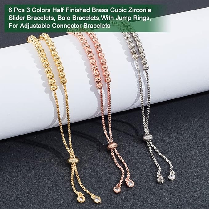 NBEADS 6 Pcs 3 Colors Slider Bracelets, 10.55" Half Finished Adjustable Bracelets Brass Cubic Zirconia Extender Chains with Ball Ends for Jewellery Making