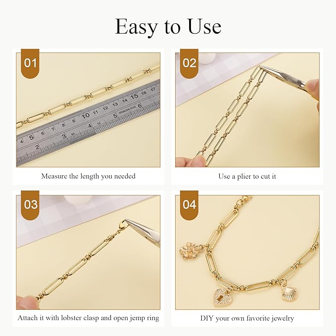Jabogrii 6.5 Feet Gold Stainless Steel Chain for Jewelry Making Craft Paperclip Jewelry Making Chains Roll with Lobster Clasps and Open Jump Rings