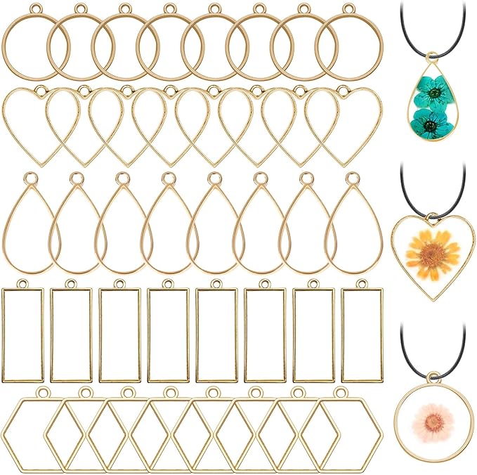 50pcs Open Bezels 5 Styles Hollow Frames Pendants Geometric Hollow Bezel Pendant Open Back Frame Pendant for Resin Casting, Necklace, Earrings, Pressed Flower, DIY Crafts(K Gold)