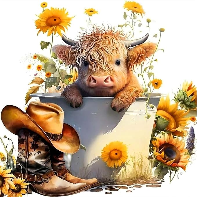 igoodom Cow Diamond Art Kits for Adults, Highland Cow Diamond Art Kits, Full Drill Round Sunflower Diamond Painting Kits, DIY Gem Art and Crafts for Home Wall Decor Gift 14x14inch