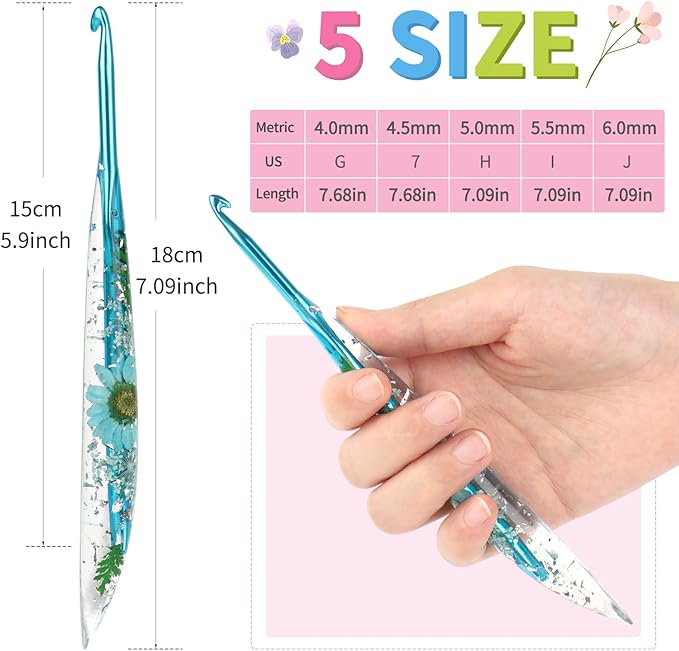 Coopay Crochet Hook Set, 5 PCS Crochet Hooks with Case (4mm, 4.5mm, 5mm, 5.5mm, 6mm), Floral Resin Grips - Beautiful & Ergonomic, Great for Crocheting Blankets, Dolls, Shawls, Hats, Scarves (G-J)