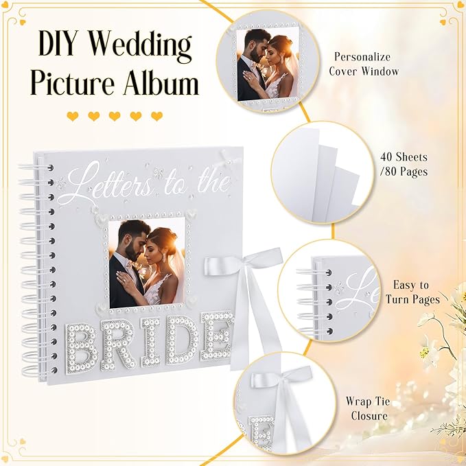 Fullhawl Letters To The Bride Scrapbook 8x8 Inch Bride Memory Book DIY Wedding Photo Album with Stickers and Markers for Wedding Engagement Bridal Shower Gifts Party Supplies, 40 Sheets