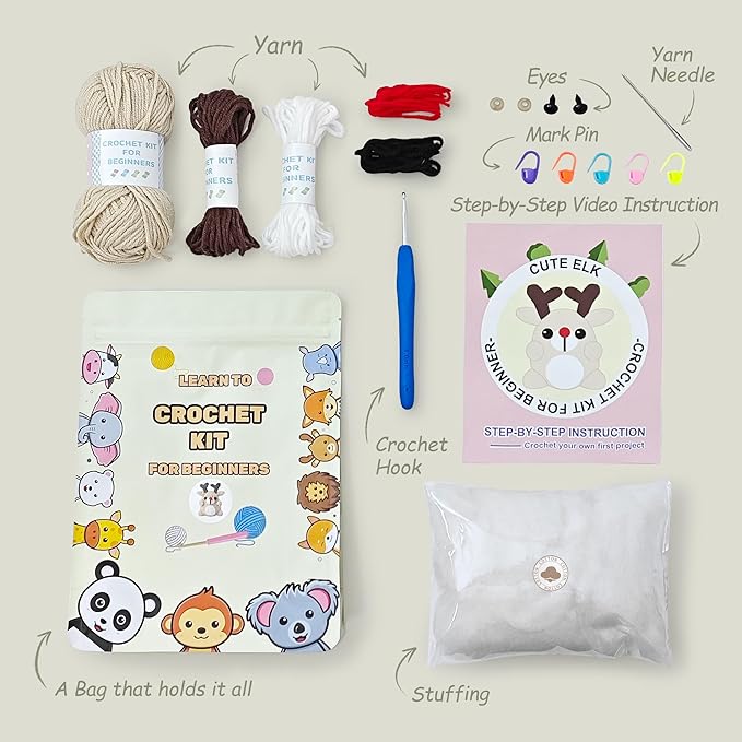 Kovarela Beginners Crochet Kit with Simple Crochet Yarn - with Step-by-Step Video Tutorials (Deer)