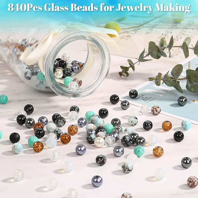 840pcs 8mm Glass Beads - 24 Colors, Round Marble Loose Beads for Men Women Bracelet Earring Necklace Jewelry Making Supplies