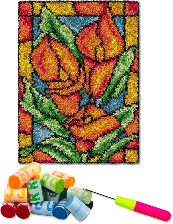 DL-YTG Latch Hook Kits Rug Orange Flowers Crochet Yarn Cushion Colour Pre-Printed Canvas Cover Rug Needlework DIY Hook and Latch Kit Home Decoration 52x38cm/20 X15 inch
