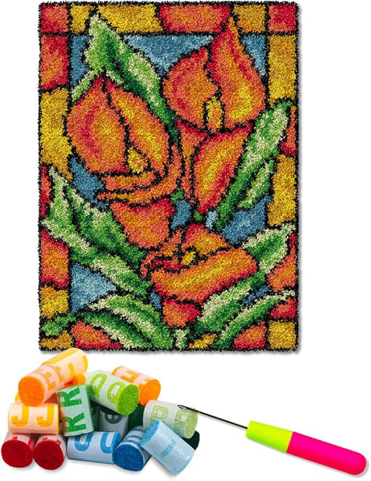DL-YTG Latch Hook Kits Rug Orange Flowers Crochet Yarn Cushion Colour Pre-Printed Canvas Cover Rug Needlework DIY Hook and Latch Kit Home Decoration 52x38cm/20 X15 inch