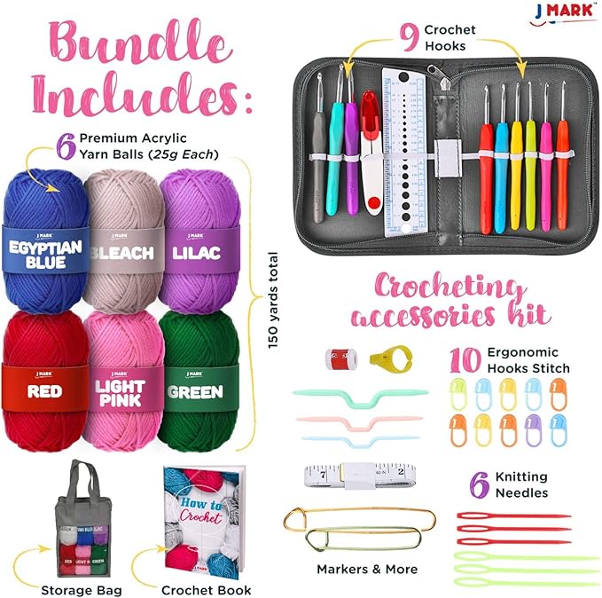 J MARK Crochet Kit for Beginners – Complete Crocheting Set with Acrylic Yarn and Accessories