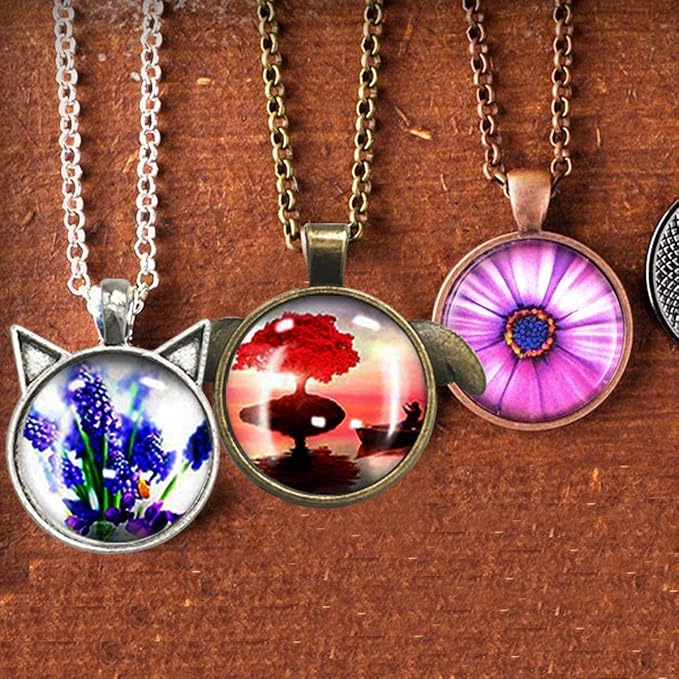 58 PCS Pendant Tray Kit, Seasonsky Pendant Trays Sun, Wing, Cat, Snowflakes with Glass Cabochon Blanks Clear Dome, 10 PCS Pendant Buckle for Photo Pendant Craft