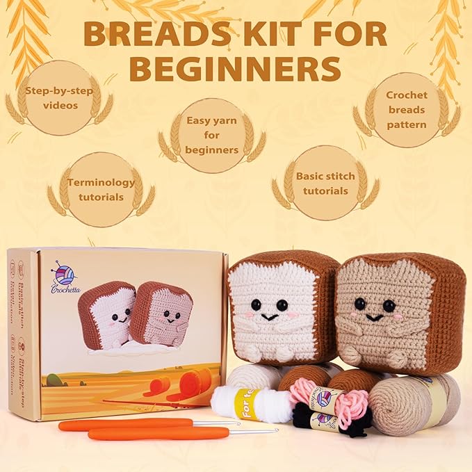 Crochetta Crochet Kit for Beginners, Amigurumi Crocheting Animals Kits w Step-by-Step Video Tutorials, Knitting Starter Pack for Adults and Kids, Jumbo 2 Breads Familly (40%+ Yarn Content)