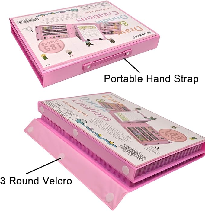 Sunnyglade 185 Pieces Double Sided Trifold Easel Art Set, Drawing Art Box with Oil Pastels, Crayons, Colored Pencils, Markers, Paint Brush, Watercolor Cakes, Sketch Pad (Pink)