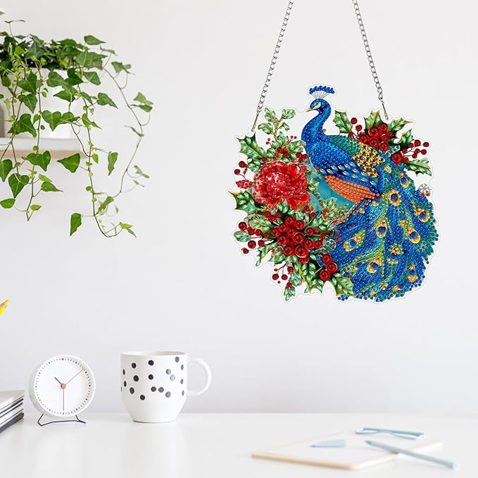 MAXBYE Diamond Art Painting Kits Hanging Peacock Pendant, DIY 5D Special Shaped Animal Gem Art Craft Diamond Dots for Adults and Home Window Door Decor
