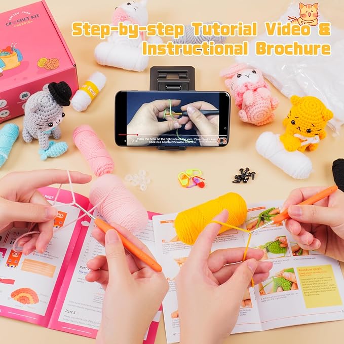 fortuning's jds crochet kit for beginners - cat crochet kit with step-by-step video tutorials, learn to crochet kits for adults, 4 pcs crochet animals cat with hat, toy, fish crocheting set