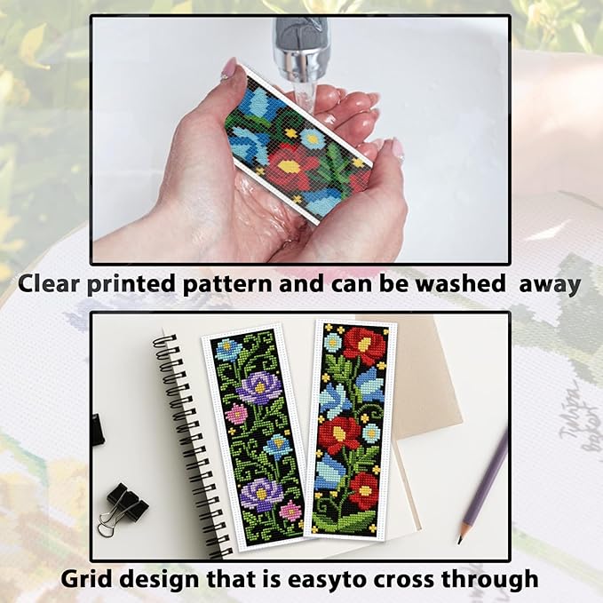 ACRNIGHEET 6PCS Cross Stitch Kits Stamped Cross Stitch Bookmark Kit for Beginner Adults Easy Flower DIY Embroidery Bookmark Kit Needlepoint Kits with Instructions Book Lovers Craft Gift 8.5''x3'' 11CT