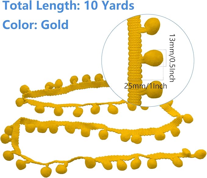 Homiest 10 Yards Pom Pom Trim for Sewing, 1 Inch Wide Gold Ribbon Bundles Textured Fabric Fringe Ribbon, 13mm Ball Pompom Trim for DIY Crafts Curtain Clothes Pillow Home Decoration