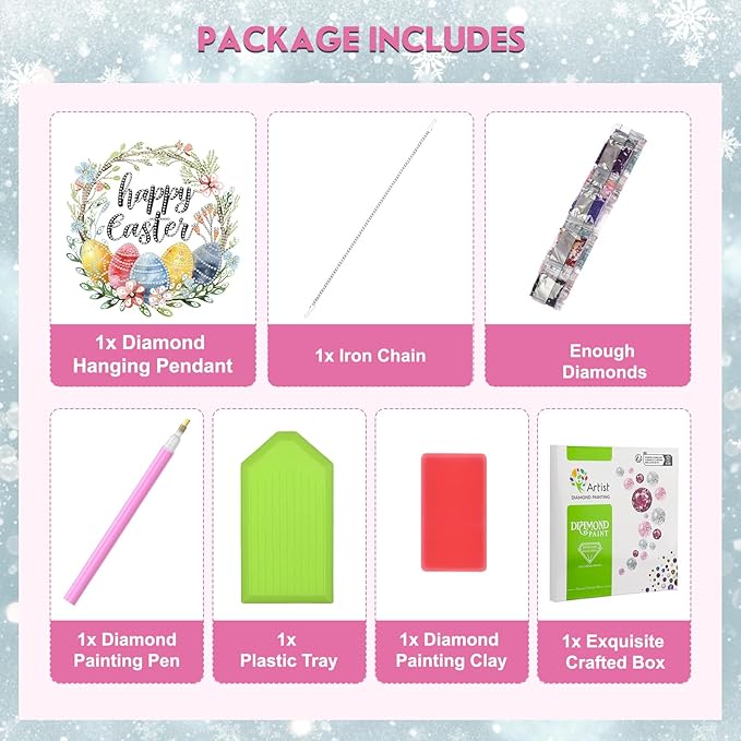 NEWENMO Happy Easter Day DIY Hanging Diamond Art Pendant Kit, Special Crystal Diamond Painting Ornament Kit for Adults Beginners, Double Sided Acrylic Board Gem Painting Box Kits, Colored Easter Eggs