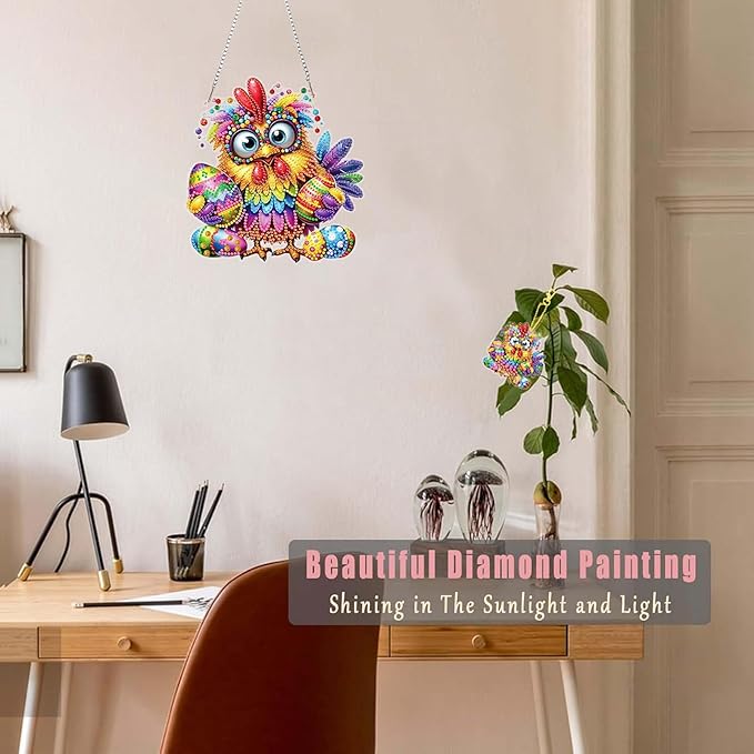 Masendp Easter Chick Diamond Painting Double-Sided Hanging Ornament Set, DIY Irregular Shaped Rhinestone Window Decoration Set, Suitable for Home and Garden Wall Decoration Gifts