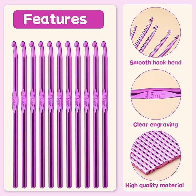 UzecPk 12Pcs 4.5mm Crochet Hook, US Size 7 Aluminum Crochets Hooks Craft Yarn, Crochet Hooks Bulk Crochet Needles for Crocheting Yarn, Metal Crochet Hook for Knitting Scarf Hat
