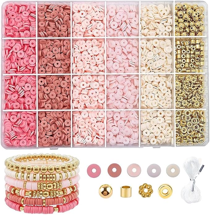 Believo Polymer Clay Beads Kit for DIY Jewelry with Elastic Cord, Colorful Flat Heishi Beads and Spacer Pieces – Ideal for Friendship Bracelet & Necklace Making (Pink)